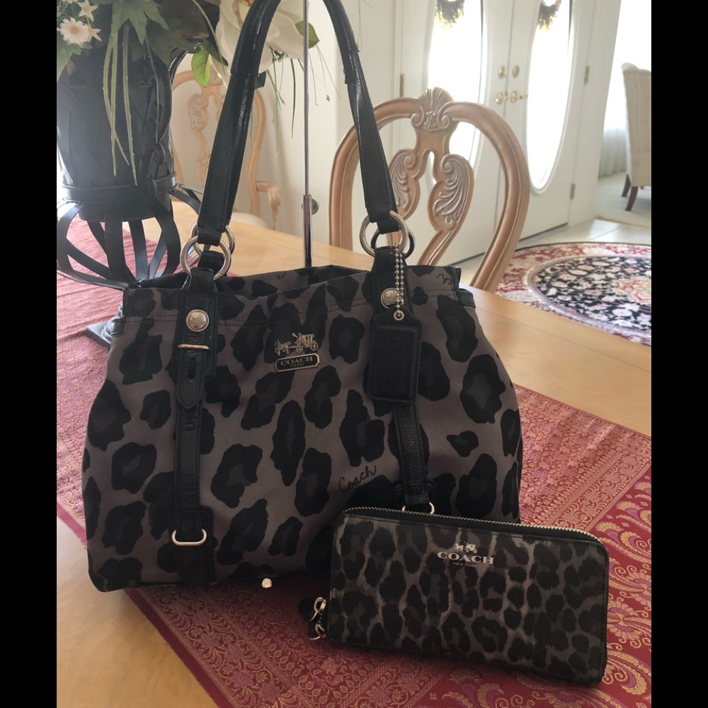 Coach Ocelot Black/Gray Leopard Handbag & Wallet